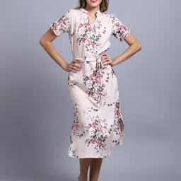 Sugathari Floral Printed Mandarin Collar Neck Tie Up A Line Midi Dress-picture-17