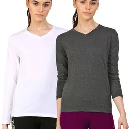 ap'pulse Pack of 2 Women Solid V Neck Cotton Blend White, Grey T-Shirt-picture-14