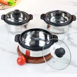 flipkart smartbuy Stainless Steel Casserole with Glass Lid Pack of 3 Thermoware Casserole Set-picture-22