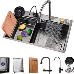 jokseen Waterfall Kitchen Sink Single Bowl Black 30"X18"X9"Premium Stainless Steel Matt Finish with SS 304 Pull Down faucet & complete set Under Counter Basin-picture-28