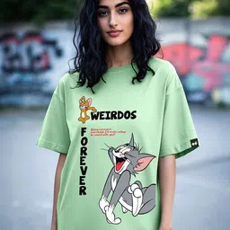 bewakoof Tom N Jerry Women Graphic Print Round Neck Pure Cotton Green T-Shirt-picture-12