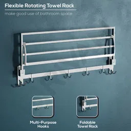 grivan Modern 24-Inch Foldable Towel Rack/Shelf/Stand for Bathroom with Hooks & Hanger Silver Towel Holder image 5