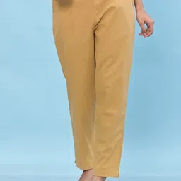 Women Straight Fit Gold Pure Cotton Trousers-image-0