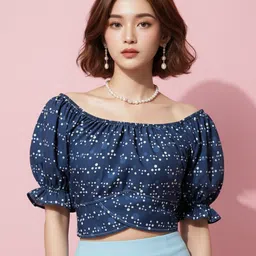 ritik creation Party Puff Sleeves Floral Print Women Dark Blue Top-picture-17