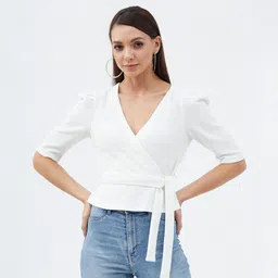 harpa Casual Puff Sleeves Solid Women White Top-picture-36