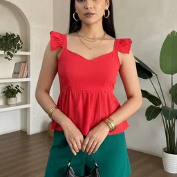 Party Ruffled Sleeves Solid Women Red Top-image-14