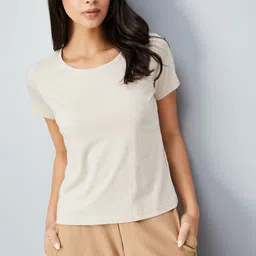 max Women Printed Round Neck Cotton Blend Beige T-Shirt-picture-13