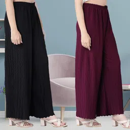 irha Pack of 2 Women Regular Fit Black, Purple Viscose Rayon Trousers image 3