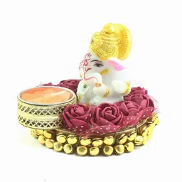 Red Metal Lord Ganesha Idol on Decorative Plate with Tea Light Holder by eCraftIndia image 3