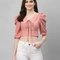 Casual Balloon Sleeve Solid Women Pink Top-image-7