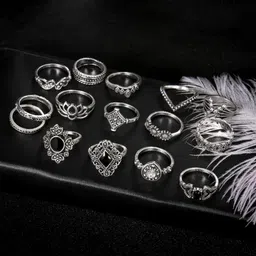 amazingkarts 15 Pcs Korean Style Silver Boho Midi Finger Ring Oxidized Set For Women Girl Metal Silver Plated Ring Set image 3