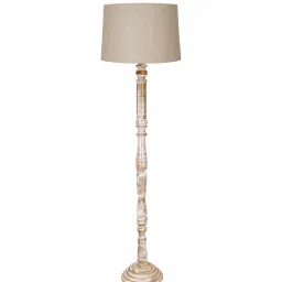 homesake Rustic Wood Floor Lamp, Walnut Brown with Multicolor Fabric Shade, Roman Voyage, Jute image 3