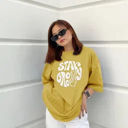 culpi Women Printed, Typography Round Neck Cotton Blend Yellow T-Shirt-picture-21