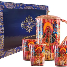 indianartvilla Copper Printed Rajasthani Padharo Myare Desh Drinkware Jug & 4 Glass Gif Set Jug Glass Set-picture-10
