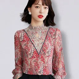 JC Collection Red Print Choker Neck Chiffon Top image 1