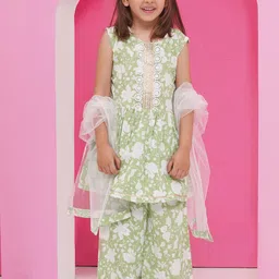 Aj DEZInES Girls Floral Printed Pure Cotton A-Line Kurta with Palazzo & Dupatta image 1