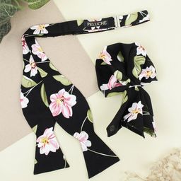 Peluche Men Black Floral Affair Open Bow Tie & Pocket Square Set-picture-38