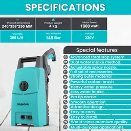 kapicon KP-20 1800 Watt, 145 Bar, 300 L/H Flow Rate High Pressure Washer image 3