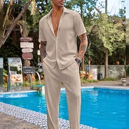 chkokko Men Shirt & Pyjama set Beige Solid image 3