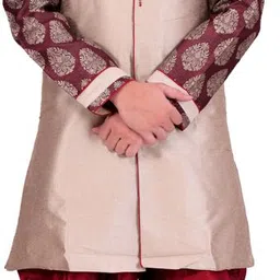 Pooja Ethnic Pooja Ethnic Men's Beige Silk Sherwani with Dhoti PE9082 Embroidered Sherwani-picture-27