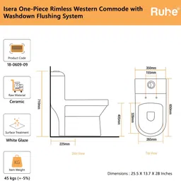 ruhe Isera One-Piece Rimless S-Trap Washdown Flushing Western Toilet | Soft-close Seat | Dual Flush | Anti-bacterial Glaze | Floor Mounted Western Commode image 2