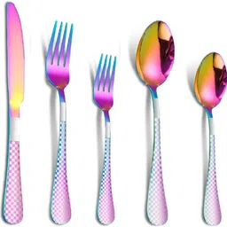 kitchantique Rainbow Silverware Set | 5-Pcs Flatware With Unique Checks Print Handle Stainless Steel Cutlery Set-picture-24