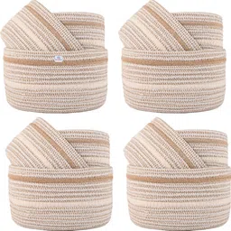 heart home Cotton (Set of 12) Aesthetic Foldable Rope Basket for Storage | GM-29-KH | Khaki+White Storage Basket-picture-19