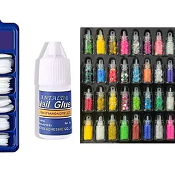 rapik Artificial Nails 100pc With 1 Glue and 48 3D Glitter Bottles Nail Art Combo Pack-picture-23