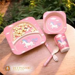 deepashri Bamboo FIbre Pink Unicorn Baby Feeding kids Dinner Set (Plate, Bowl, Cup, Spoon & Fork) Dinner Set image 2
