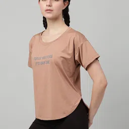 mkh Women Typography Crew Neck Polyester Brown T-Shirt image 2