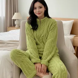 Women Night Suit Set Light Green Self Design-image-5