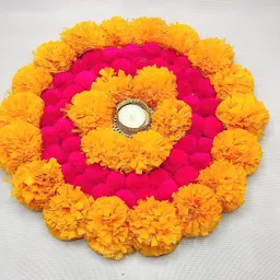agroacres Artificial Marigold Flower Mat Tea Light Candle Holder/Aasan/Rangoli Mat Plastic 1 - Cup Tealight Holder-picture-31