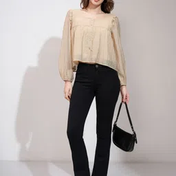 tokyo talkies Casual Bishop Sleeve Solid Women Beige Top image 3
