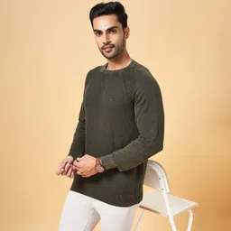 byford by pantaloons Men Self Design Round Neck Green Sweater-picture-14