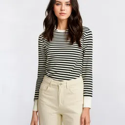 mack jonney Women Striped Round Neck Cotton Blend Black T-Shirt-picture-12