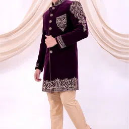 Pooja Ethnic Pooja Ethnic Men's Purple Silk Sherwani with Pant PE9003 Embroidered Sherwani image 2