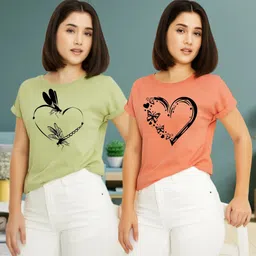 kintu parantu Pack of 2 Women Printed Round Neck Polyester Green, Pink T-Shirt-picture-23