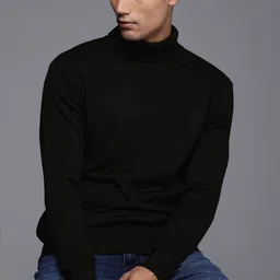 wrogn Men Solid High Neck Black Sweater image 1