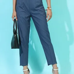 tokyo talkies Women Regular Fit Blue Cotton Blend Trousers-picture-10