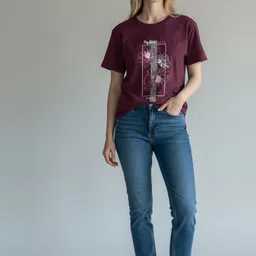 artful Women Graphic Print Round Neck Pure Cotton Maroon T-Shirt image 4