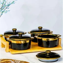 roxx Porcelain Serving Bowl with Lid & Wooden Tray Set of 5pcs image 1