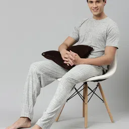 pepe jeans Men Night Suit Set Grey Self Design image 5