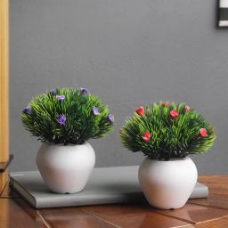 Green Plastic And Polyester Blend Artificial Mini Bush With Thin Pine Leaves And Small Purple Flowers With Pot By Foliyaj-picture-22
