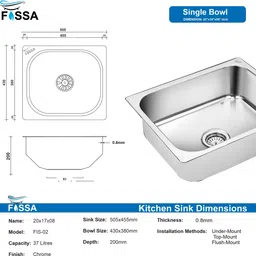 fossa 20"x17"x08" Single Bowl Stainless Steel Kitchen Sink With PVC Sink Coupling FIS-02 Top Mount image 2