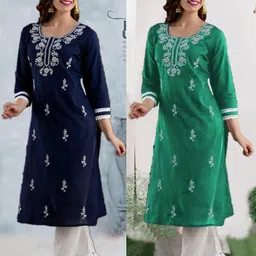 vikshi Pack of 2 Women Chikan Embroidery Cotton Blend Straight Kurta image 1