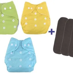 kogar Kids Reusable Diaper Nappy For Baby New Born To 24 months Green Yellow Sky Charcoal Insert ( 3 Diaper +3 Insert )-picture-28