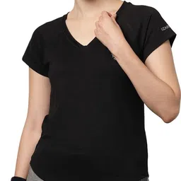 uzarus Women Solid V Neck Polyester Black T-Shirt-picture-14