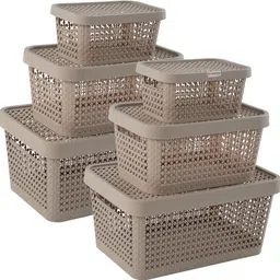 homestic Plastic Set of 6 Stackable Plastic Basket for Storage with Lid | Beige Storage Basket-picture-13