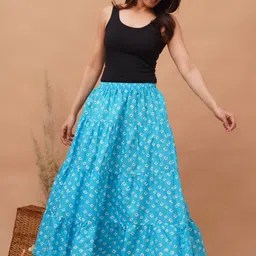 gs creation Women Printed Flared Light Blue Skirt image 4