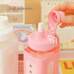 gcrox Plastic Water Bottle With Straw And Strap, Cute Large Bottle With Stickers 1000 ml Water Bottle image 2